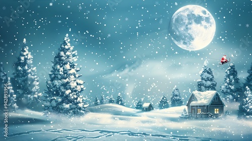 Snowy Winter Landscape with Santa Flying Over a Cabin