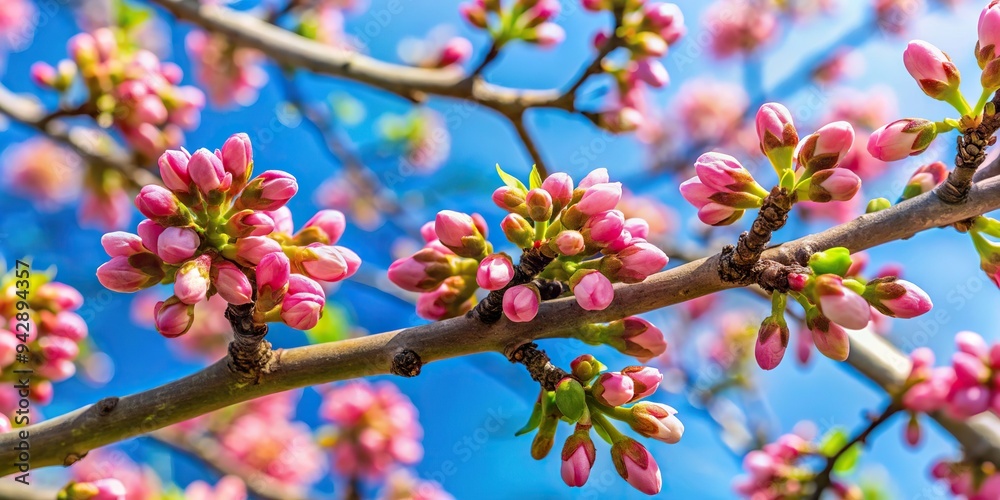 2. Fresh pistachio green leaves unfolding on a branch, contrasting with vibrant pink cherry blossoms, against a clear blue sky, a realistic photo image. 2. Fresh pistachio green leaves unfolding on a branch, contrasting with vibrant pink cherry blossoms, against a clear blue sky, a realistic photo image.
