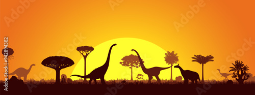 Sunset landscape, prehistoric dinosaur silhouettes. Vector background with sauropod and bipedal terrain dino species shadows roam amid ancient trees and plants in front of large sun in orange dusk sky