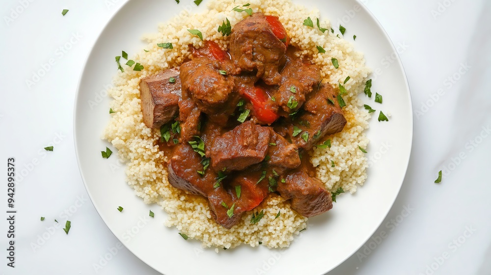 Beef Stew with Rice and Vegetables - Overhead View

