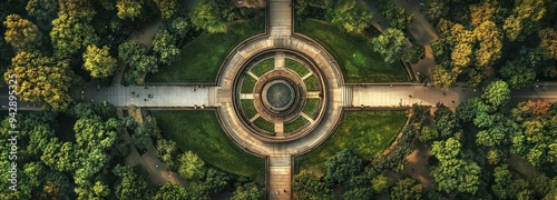 Aerial View of a Circular Garden with Cross-Shaped Pathways