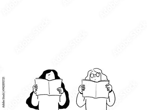 本を読む女性２人、線画