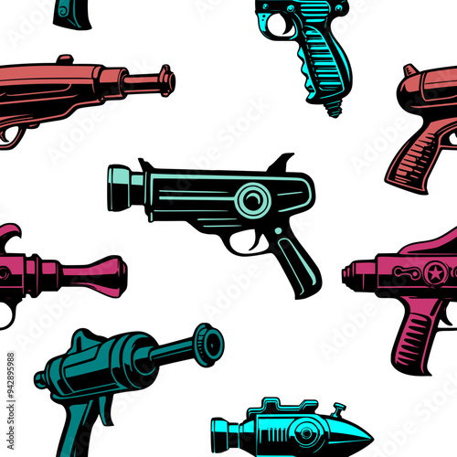 a seamless pattern of rayguns, vector art, futuristic weapons