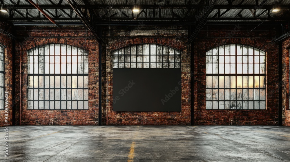 Empty industrial room with brick walls and high ceilings, photorealistic rendering Empty industrial room with brick walls and high ceilings, photorealistic rendering