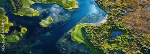 Aerial View of a Winding River Through Lush Green Marshland