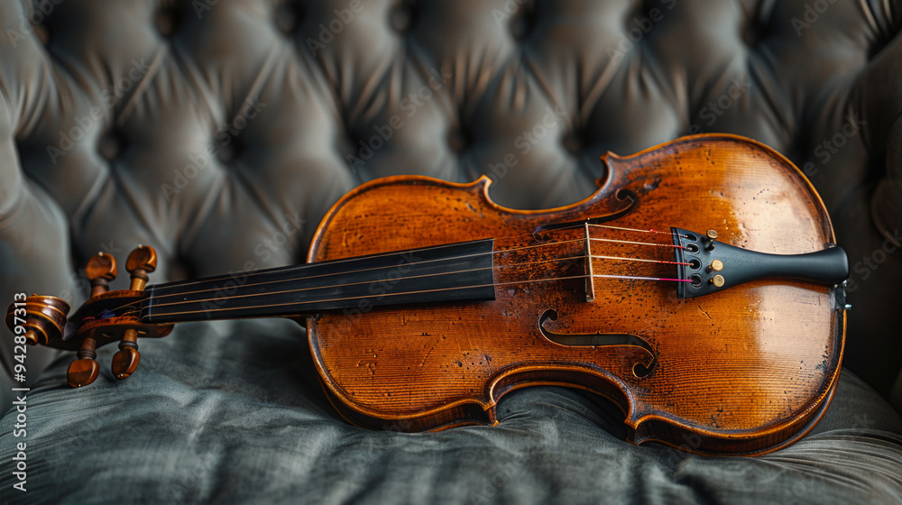 Fototapeta premium Classic wooden violin set against a dark, textured fabric, giving a refined and elegant impression, Generative AI