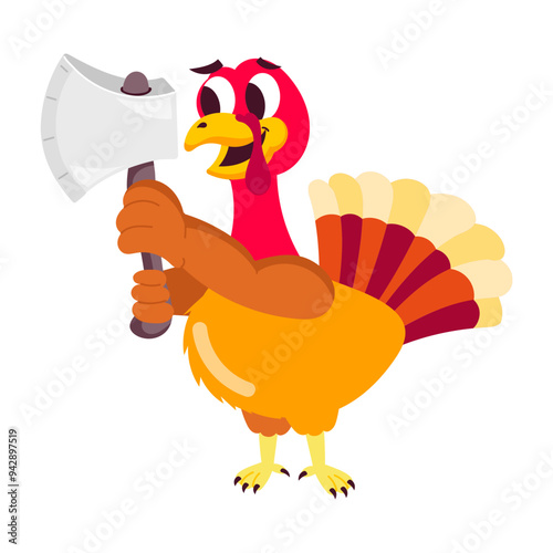 A flat style sticker showing turkey holding thanksgiving axe 

