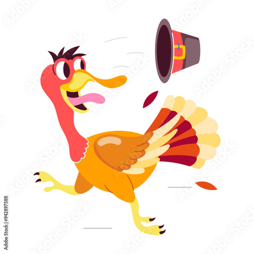 Comic style sticker of turkey playing with thanksgiving hat 

