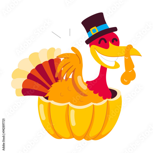 Cartoon style sticker of turkey smiling and sitting in a pumpkin 

