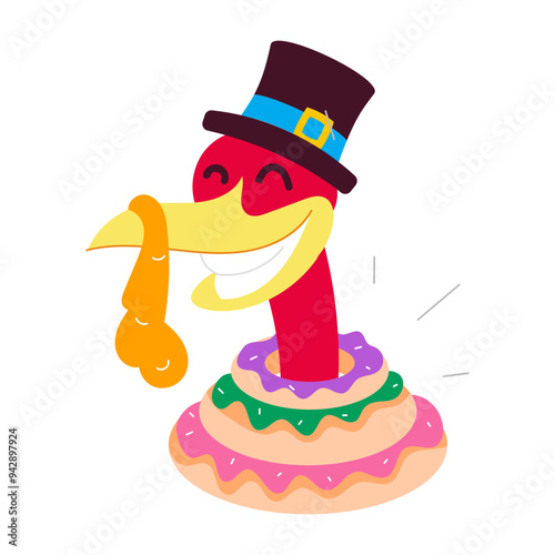 Cartoon style mascot of funny turkey wearing pilgrim hat 

