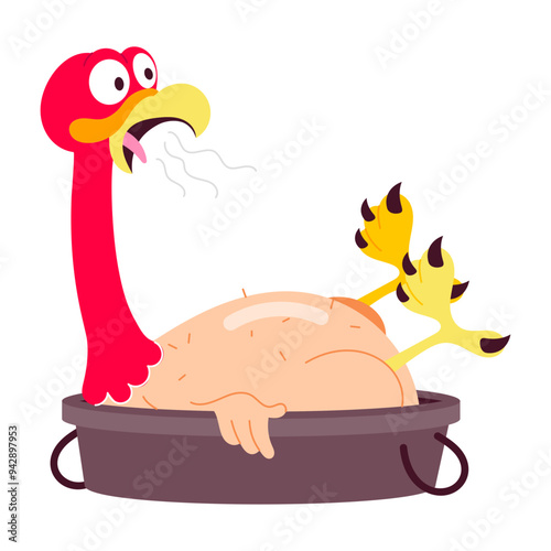 Comic style sticker of scared turkey in cooking pan 