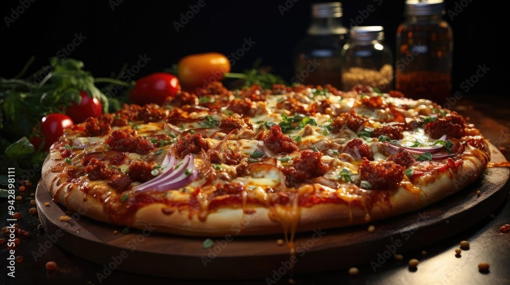a pizza sitting on top of a wooden cutting board a pizza sitting on top of a wooden cutting board