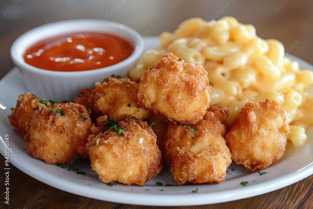 Fried cheese curds served with mac and cheese. This image is perfect for food blogs, restaurants, and social media. Fried cheese curds served with mac and cheese. This image is perfect for food blogs, restaurants, and social media.