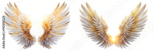 Golden Angel Wings With Light, Feathery Texture, Isolated On White. photo