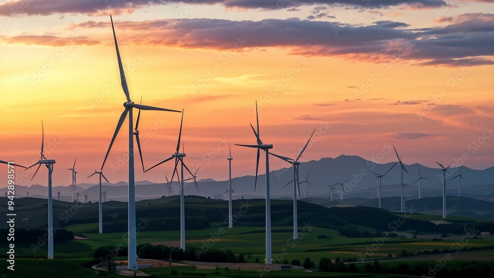 Fototapeta premium Sunset over Wind Farms , Wind Turbines at Dusk
