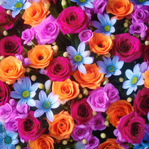 A warm bouquet with rich colors, including orange, yellow and purple tones.