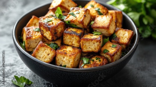 Crispy fried tofu in a bowl. Perfect for illustrating recipes, healthy eating, or Asian cuisine.