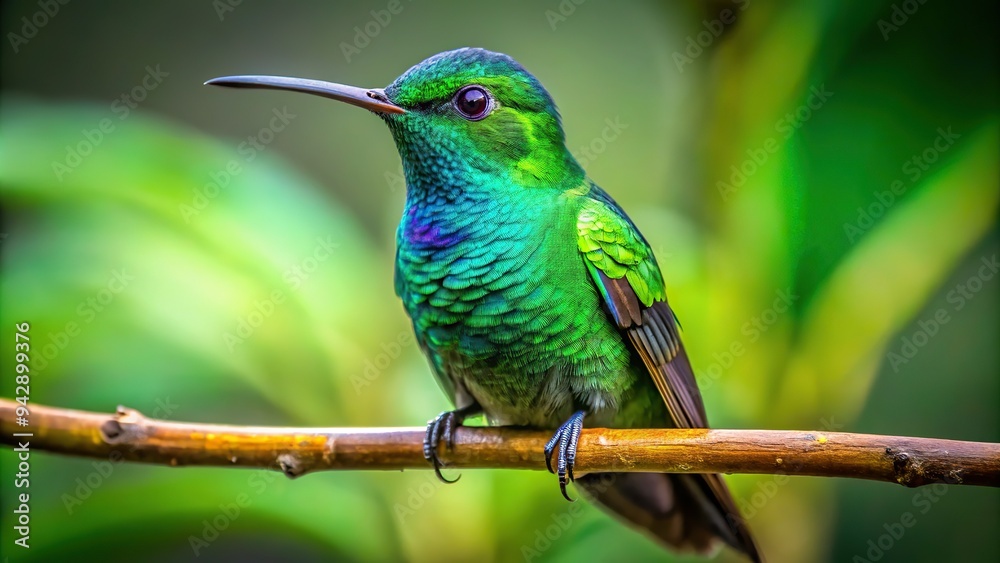 6. A bright green hummingbird perches on a slender branch, its iridescent feathers glimmering with emerald intensity, a realistic photo image.