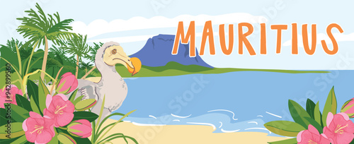 View from the beach to the panorama of Mauritius island and Le Morne Brabant mountain. Dodo endemic extinct bird, flowers of Mauritius trochetia boutoniana. Vector landmarks in flat style. Paradise. photo