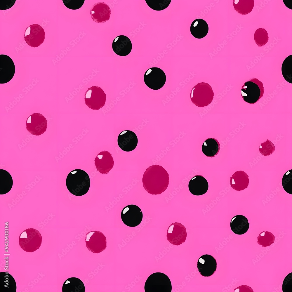 A pink and black polka dot pattern with a black and white dot in the center. The pattern is very colorful and playful A pink and black polka dot pattern with a black and white dot in the center. The pattern is very colorful and playful