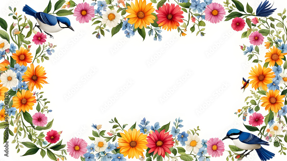 a white background with colorful flowers on the edges and birds in the middle a white background with colorful flowers on the edges and birds in the middle