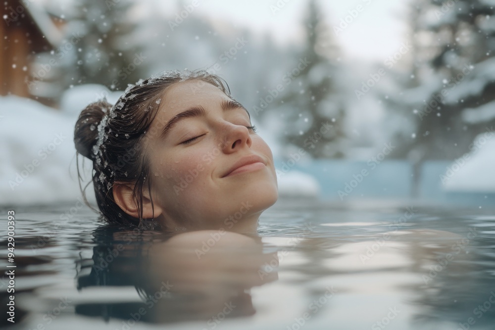 Fototapeta premium A woman is enjoying the hot water in outdoor wooden pool, surrounded by snow-covered trees and mountains