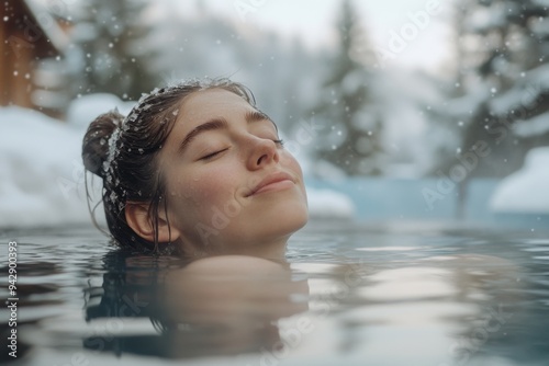 A woman is enjoying the hot water in outdoor wooden pool, surrounded by snow-covered trees and mountains