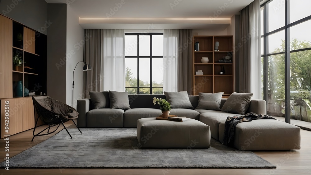 Modern living room interior design with grey sectional sofa, large windows, and wooden accents. Modern living room interior design with grey sectional sofa, large windows, and wooden accents.