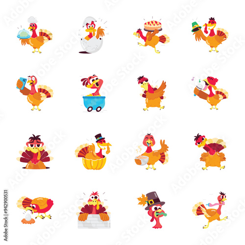 Basic RGBSet of Flat Style Cute Turkey Activities 

