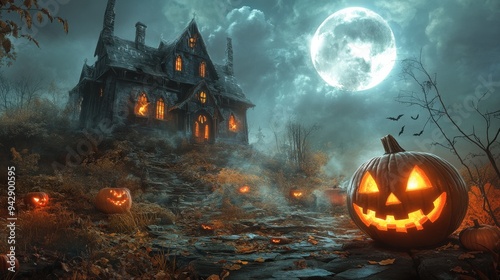 The scene captures a foreboding haunted house illuminated by orange lights, surrounded by fog. Glowing jack-o'-lanterns are scattered across the ground, enhancing the Halloween atmosphere photo