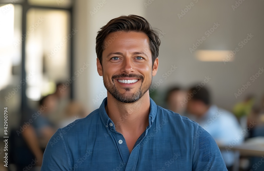 man is smiling at the camera, wearing casual and standing in an office setting man is smiling at the camera, wearing casual and standing in an office setting