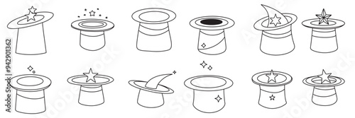 Collection of wizard cap in doodle style. Hand drawn vector art.