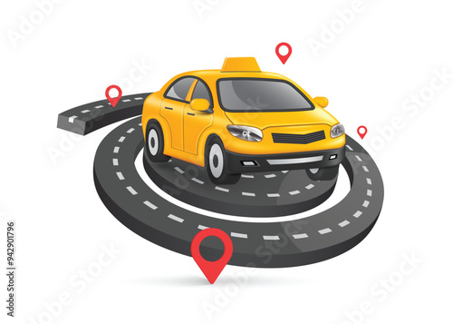 yellow taxi or cab is stopping on curved road or way to pick up customers following red pin map markers ,vector 3d isolated on white background for transport, logistics concept design