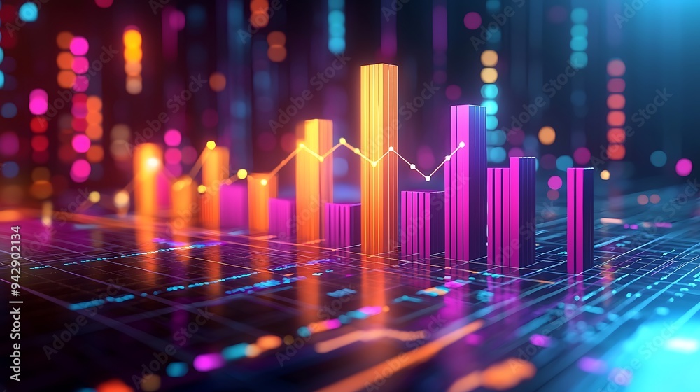 A neon 3D bar graph chart symbolizes financial business growth in a vibrant, futuristic design. A neon 3D bar graph chart symbolizes financial business growth in a vibrant, futuristic design.