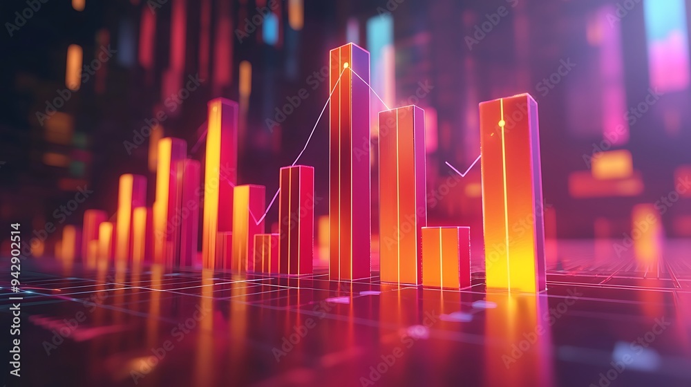 Neon bar charts create a graphic representation of growth, success, and financial data, glowing with innovation. Neon bar charts create a graphic representation of growth, success, and financial data, glowing with innovation.