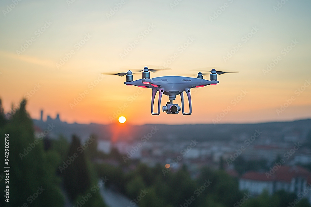 a drone hovering in mid-air, capturing aerial footage of a cityscape at sunset, with the drone's camera clearly visible, symbolizing cutting-edge technology