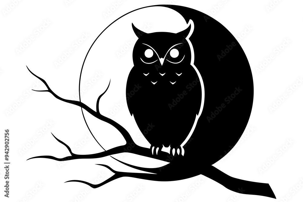 Fototapeta premium owl perched on a tree branch against a full moon silhouette Vector with a white background