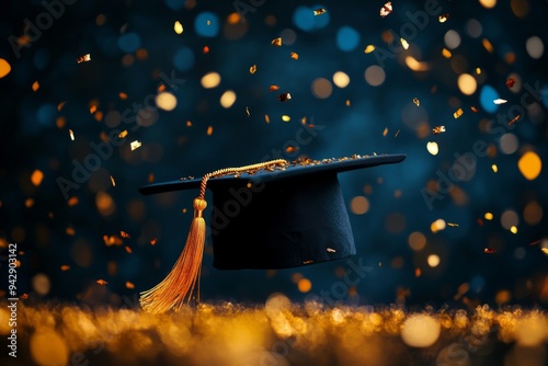 Graduation hats and gold confetti floating in the air on a dark background. photo