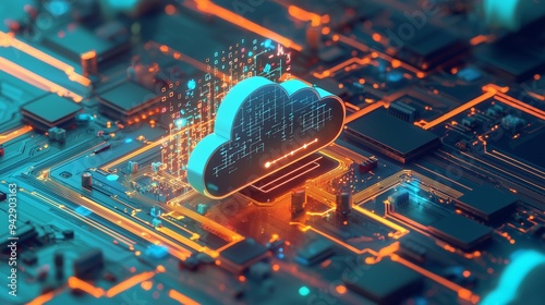 Cloud icon on a circuit board representing cloud infrastructure and data processing. photo