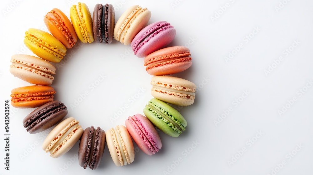 Obraz premium A selection of colorful French macarons arranged in a circle with plenty of space for text in the center. Ideal for dessert promotions or festive designs.