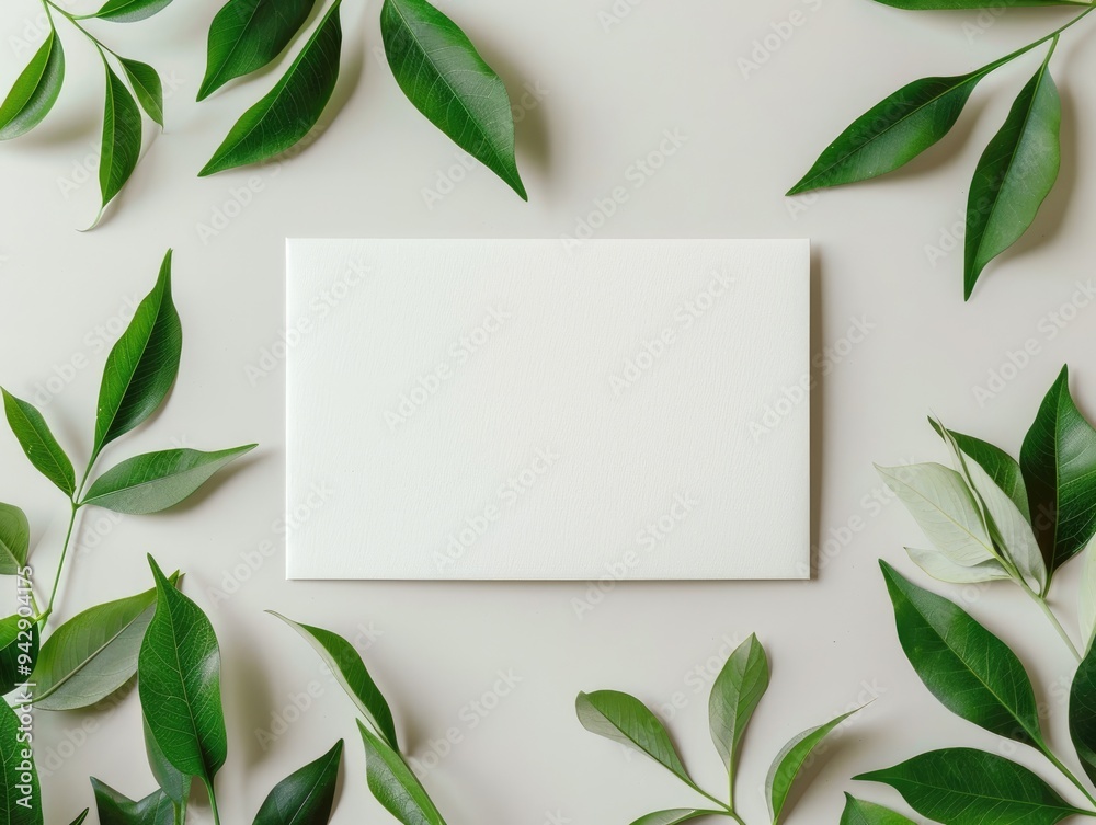 Elegant card mockup with green leaf border for wedding or birthday invitations Elegant card mockup with green leaf border for wedding or birthday invitations