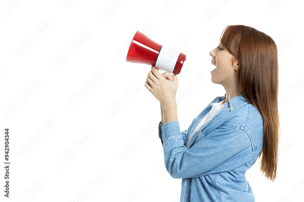PNG,An attractive young girl with a loudspeaker in her hands, isolated on white background PNG,An attractive young girl with a loudspeaker in her hands, isolated on white background