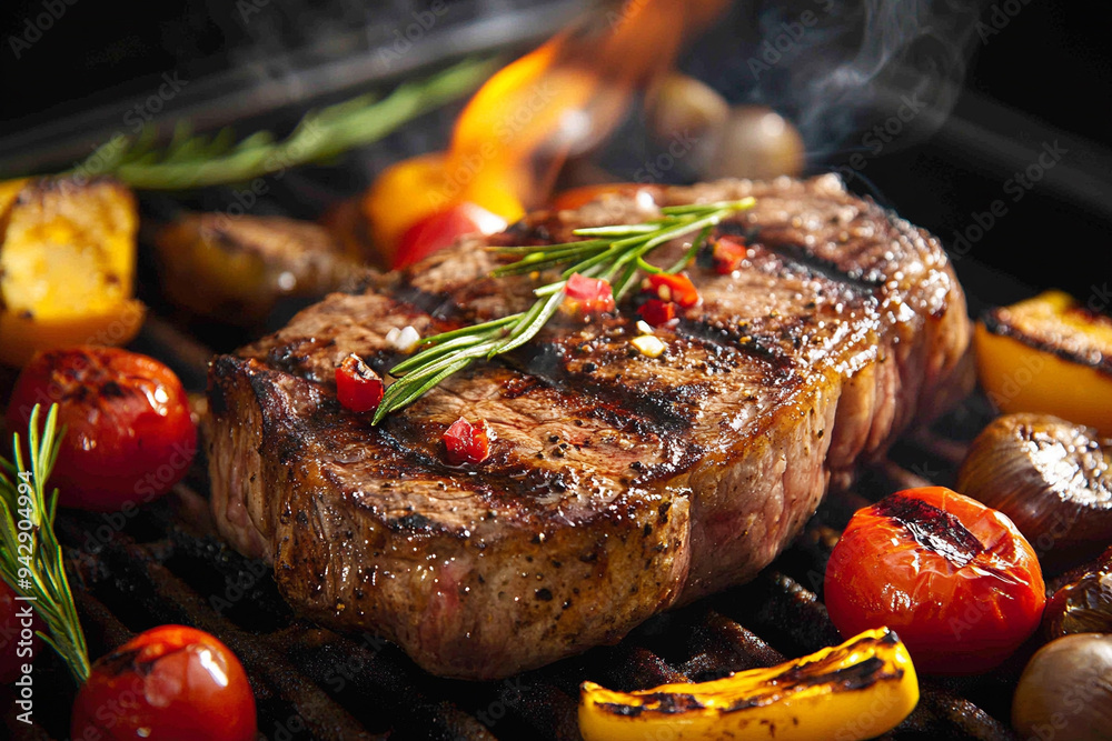a perfectly grilled steak, sizzling on a barbecue, with smoke rising and the rich, juicy texture clearly visible, surrounded by grilled vegetables a perfectly grilled steak, sizzling on a barbecue, with smoke rising and the rich, juicy texture clearly visible, surrounded by grilled vegetables