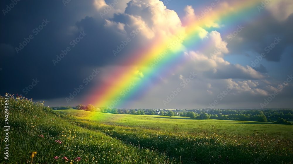 Rainbow in the cloudy sky above the field. Natural landscape after the storm. Rainy sky panorama. Symbol of St. Patrick's Day holiday. Background for design of postcard, invitation, banner, poster Rainbow in the cloudy sky above the field. Natural landscape after the storm. Rainy sky panorama. Symbol of St. Patrick's Day holiday. Background for design of postcard, invitation, banner, poster