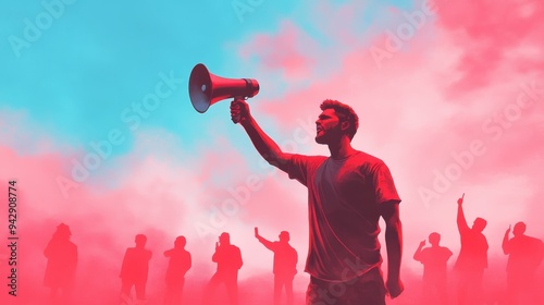A man is holding a megaphone and shouting at a crowd of people. The scene is set against a backdrop of a pink and blue sky. Scene is one of protest and unity