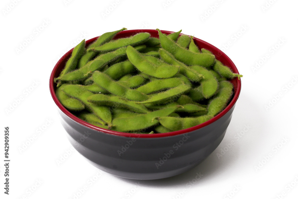 Black Bowl Filled with Vibrant Green Edamame Beans Isolated on White Background Black Bowl Filled with Vibrant Green Edamame Beans Isolated on White Background