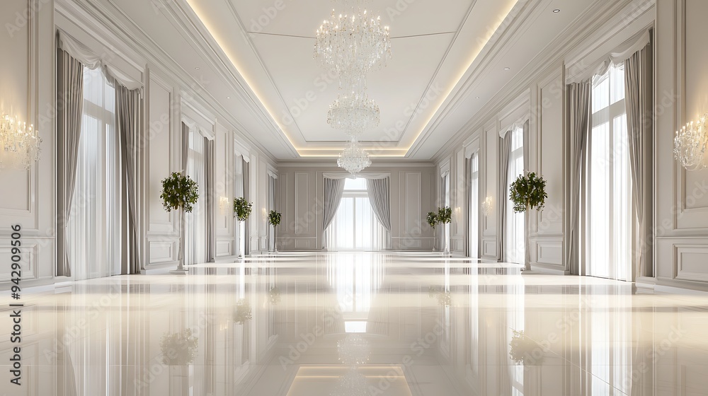 Opulent Empty Reception Hall with High Gloss Floors, Serene Neutral Decor, and Elegant Crystal Chandeliers Opulent Empty Reception Hall with High Gloss Floors, Serene Neutral Decor, and Elegant Crystal Chandeliers