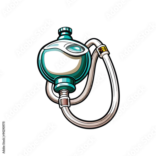 A clean vector illustration of an anesthesia mask with a hose, blue and white color scheme.