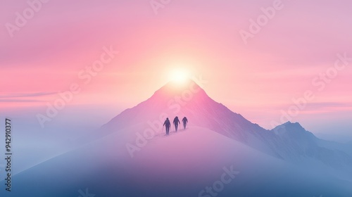 Three people are hiking up a mountain, with the sun setting in the background. The sky is a beautiful pink color, creating a serene and peaceful atmosphere