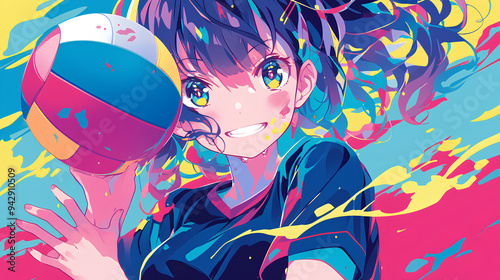 a girl playing volleyball, anime style, cute kawaii, simple, smiling happy, neon psychedelic background